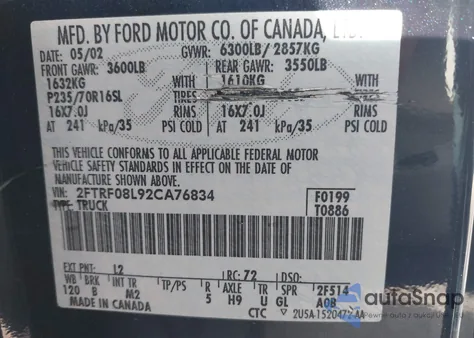 2002 Ford F-150 Xl/Xlt z USA, uszkodzony, nr VIN 2FTRF08L92CA76834